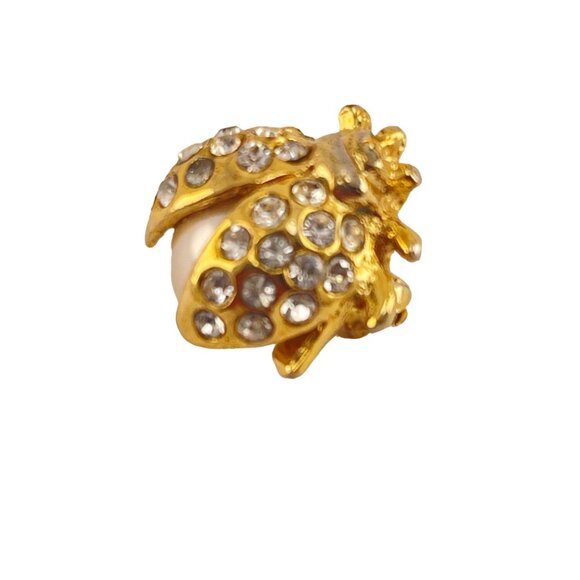 Vintage Gold Ladybug Brooch With Rhinestones & Faux Pearl Accent - Picture 3 of 6